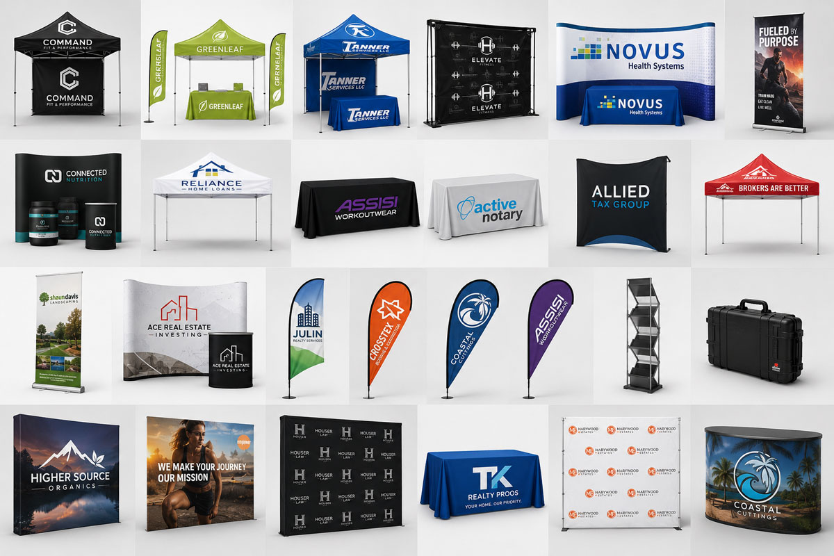 Trade show booth, backdrop, banners and table cover mockups
